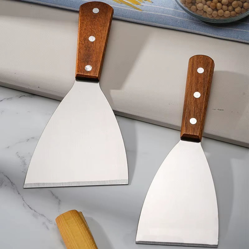 Wooden Handle Stainless Steel Oblique Spatula Steak Burger Pancake Pizza Scraper Shovel Kitchen Cooking Tools Barbecue Utensils